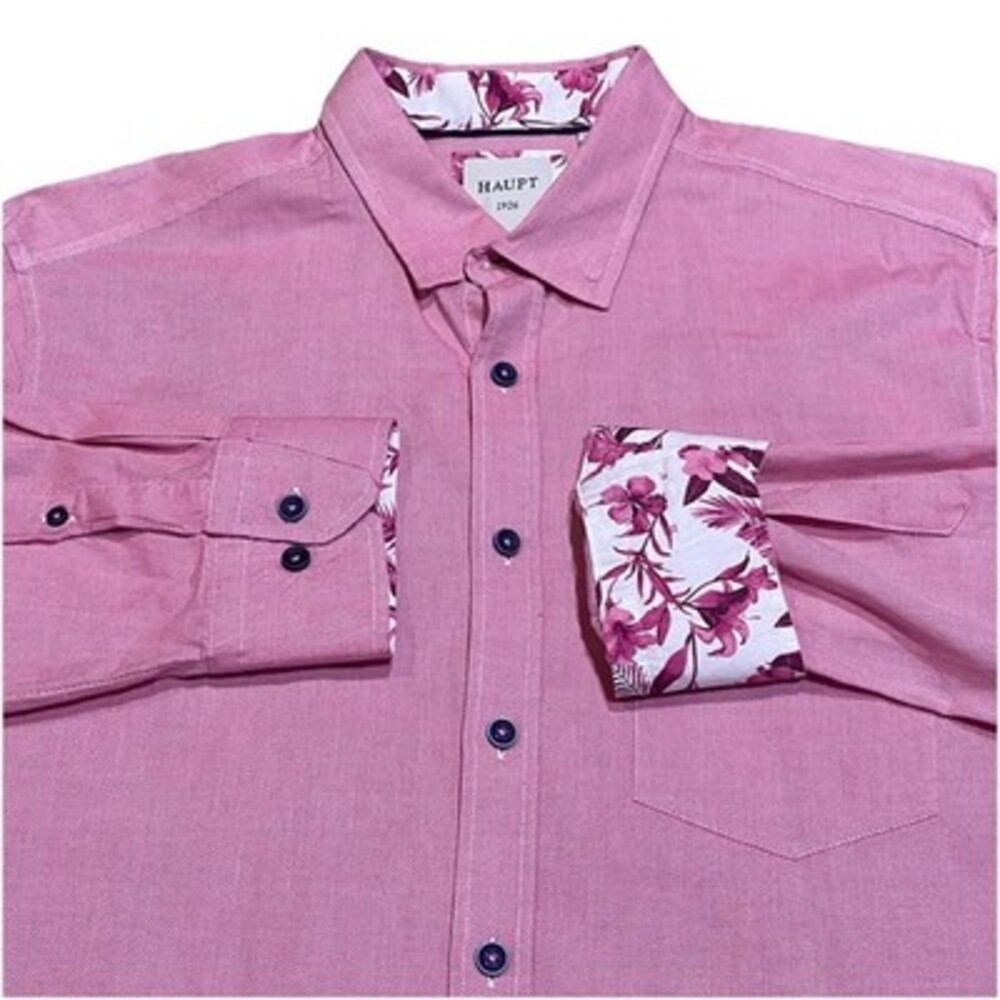 Haupt Germany Mens L 16.5 Pink Floral Dress Shirt Button‎ Up Long Sleeve Cotton